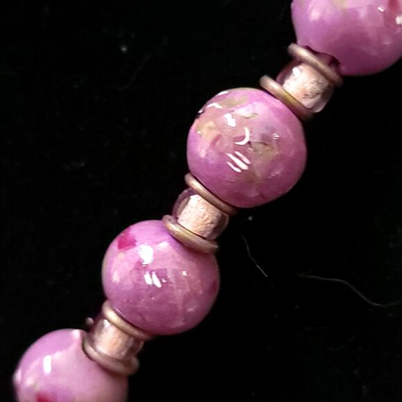 Vintage 24 Inch Purple Beaded Necklace Hand Painted Floral Accents 1980s Jewelry - Picture 3 of 10